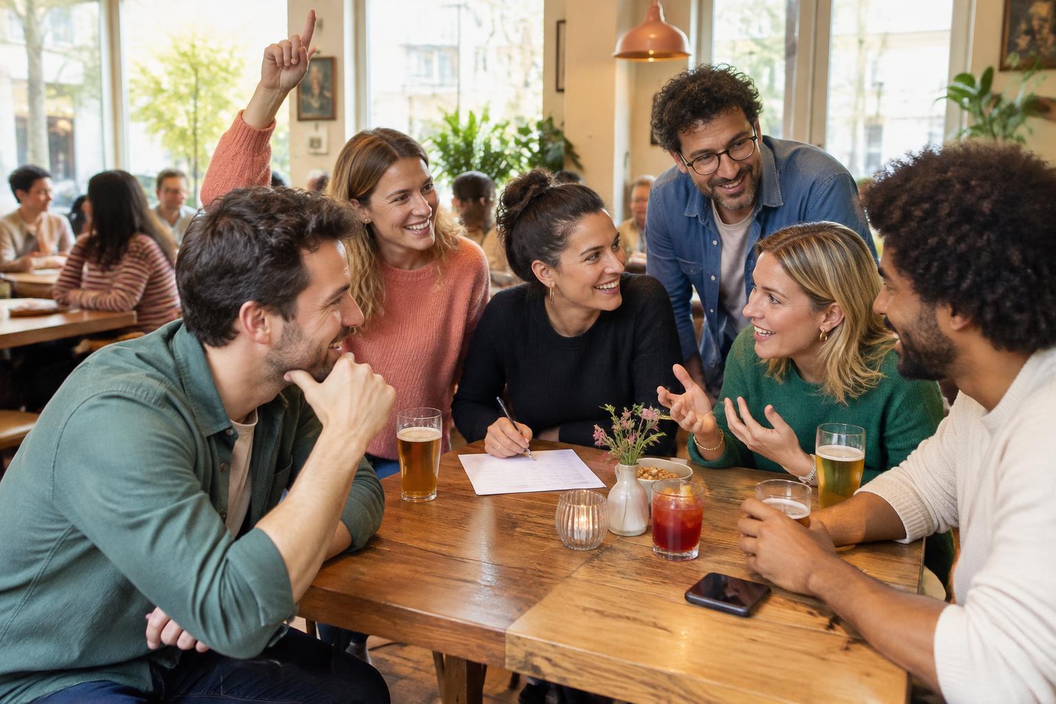 Een groep vrienden overlegt samen tijdens een gezellige caféquiz